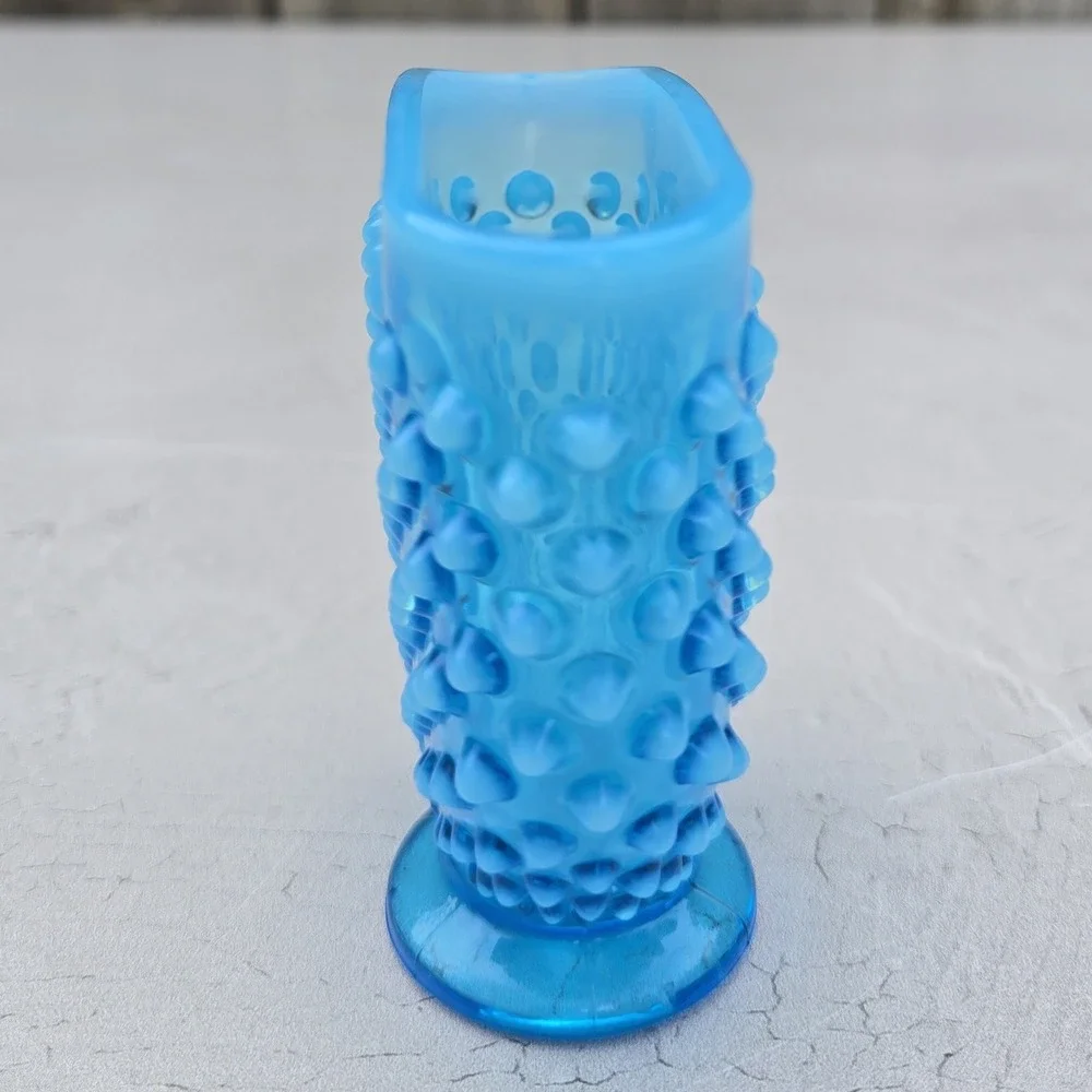 Vintage Blue Hobnail Glass Fan Vase Footed Art Glass Decor 4 inch